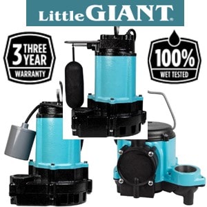 Little Giant Sump Pumps Are Assembled And Each One is tested in the USA and has a 3 year warranty pictured
